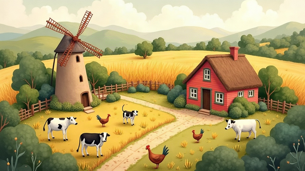 A complete tiny smallholding: cats, cows, wheat, hens, a mill